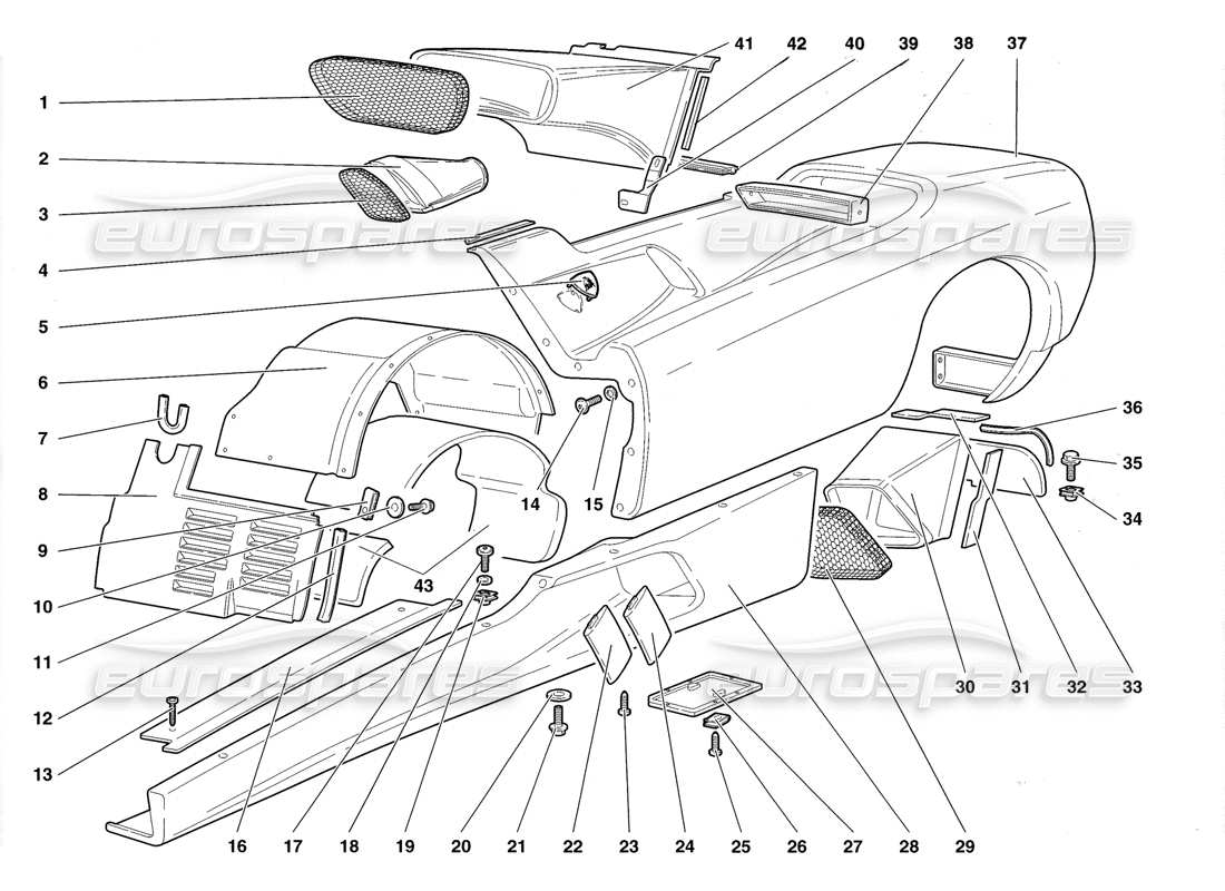 lamborghini diablo roadster (1998) elementi della coque: diagramma della parte del fianco sinistro
