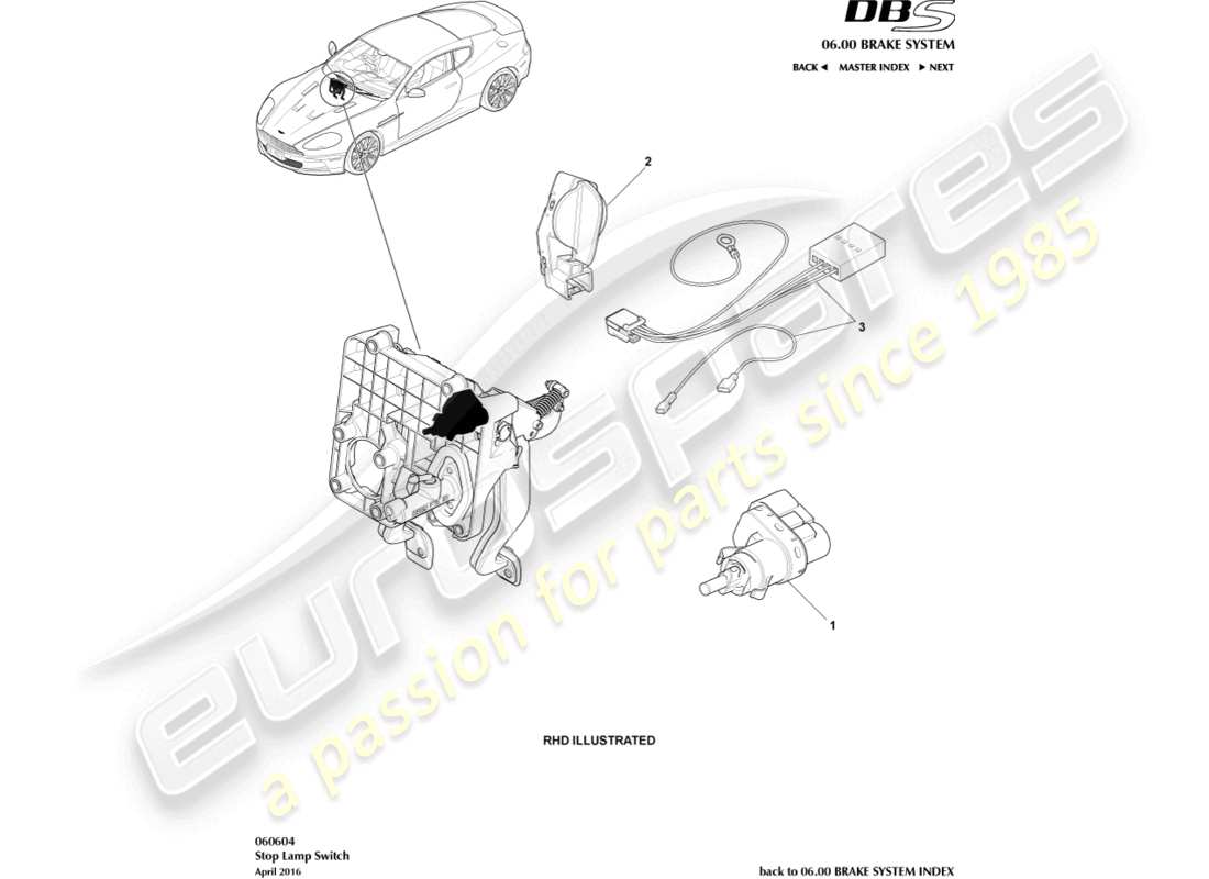 aston martin dbs (2007) teilediagramm für bremslichtschalter