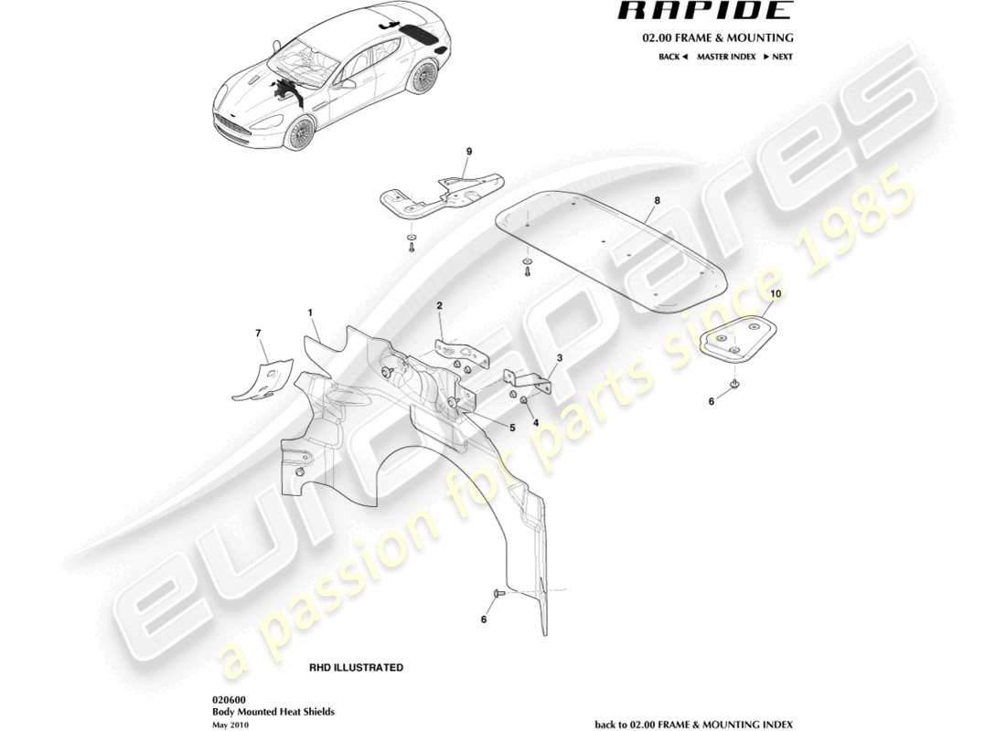 aston martin rapide (2012) diagramma delle parti degli scudi termici
