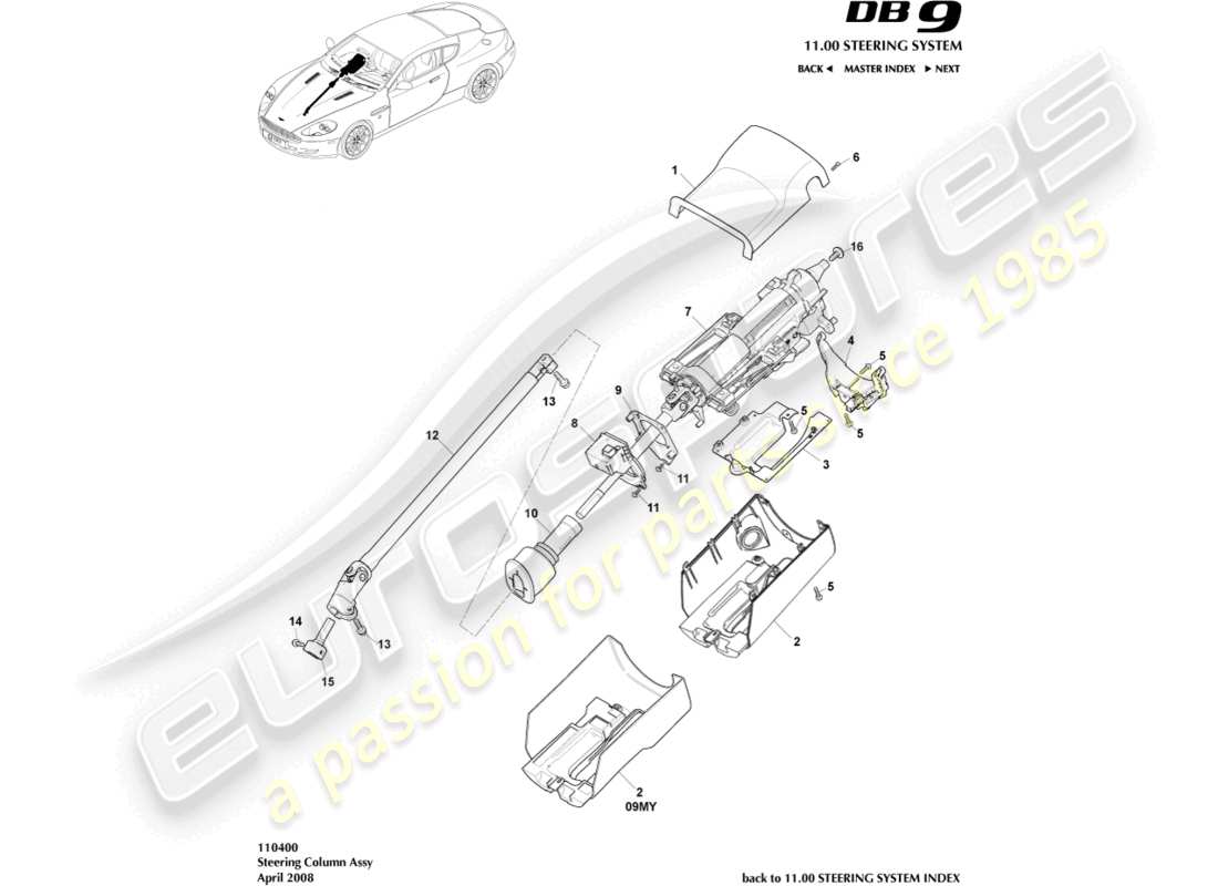 aston martin db9 (2011) lenksäulenbaugruppe teilediagramm