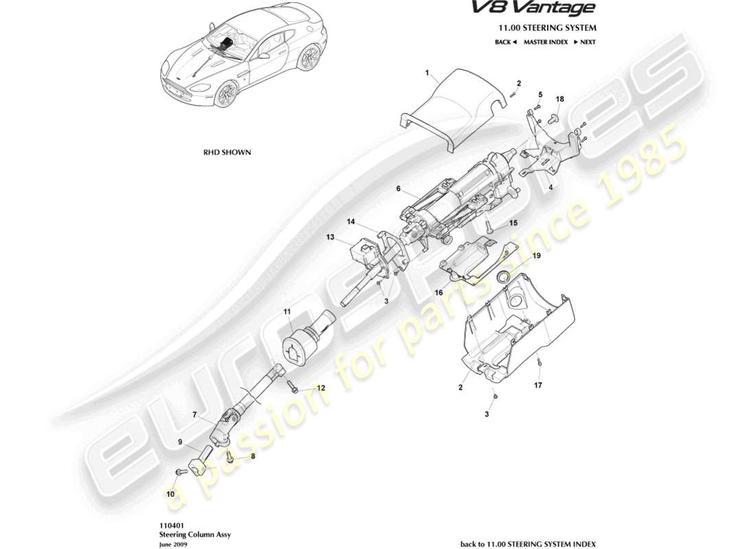 aston martin v8 vantage (2012) schema delle parti del gruppo piantone dello sterzo