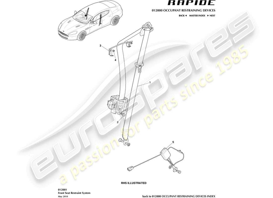 aston martin rapide (2012) cinture di sicurezza anteriori diagramma delle parti