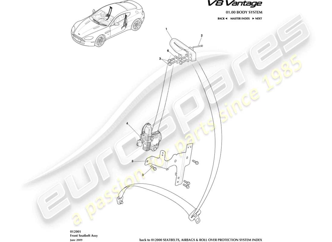 aston martin v8 vantage (2006) diagramma delle parti delle cinture di sicurezza anteriori