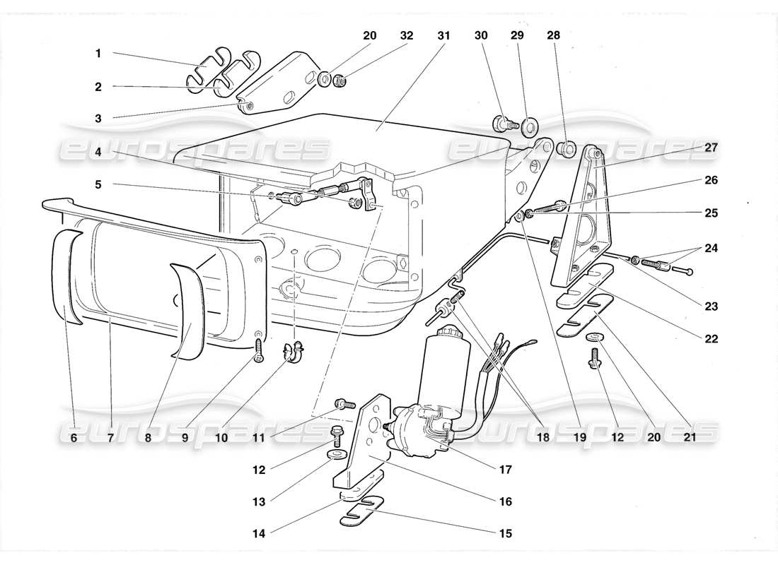 lamborghini diablo roadster (1998) diagramma delle parti del sistema di sollevamento della lampada frontale
