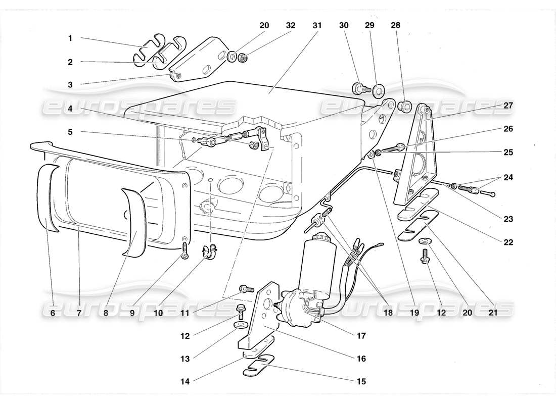 lamborghini diablo roadster (1998) sistema di sollevamento lampada frontale diagramma delle parti