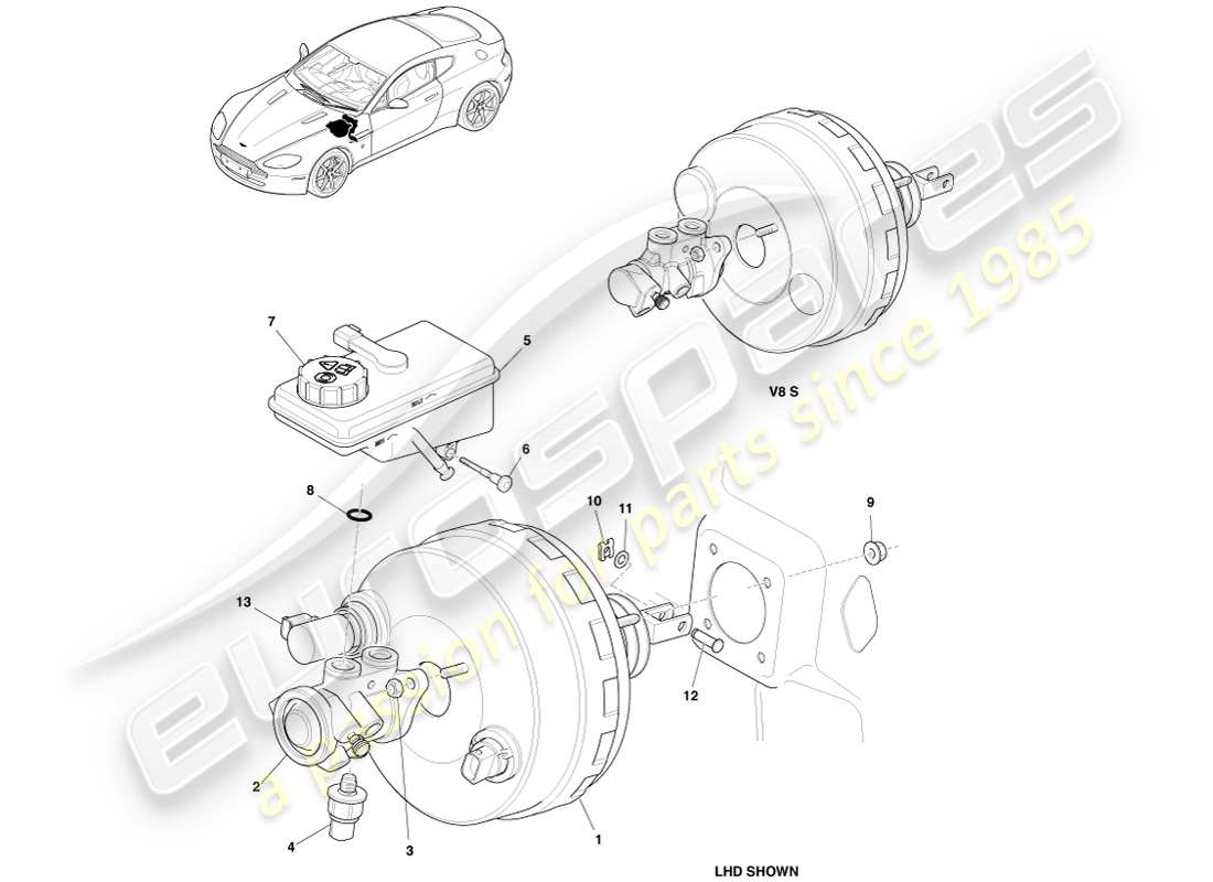 aston martin v8 vantage (2007) diagramma delle parti del gruppo freno di potenza