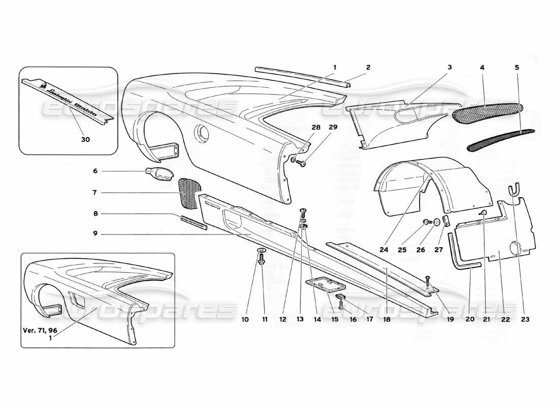 lamborghini diablo sv (1999) elementi del corpo: diagramma della parte del fianco destro