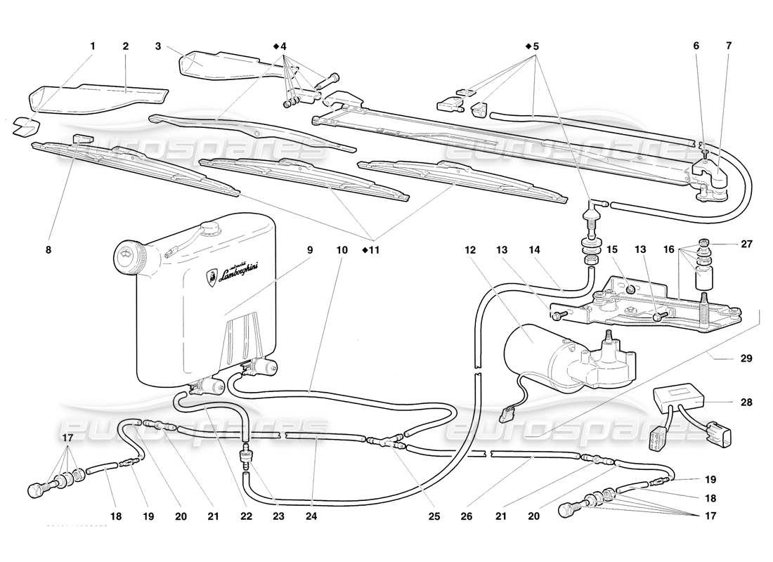 lamborghini diablo sv (1998) schema delle parti dei tergicristalli e dei lavafari