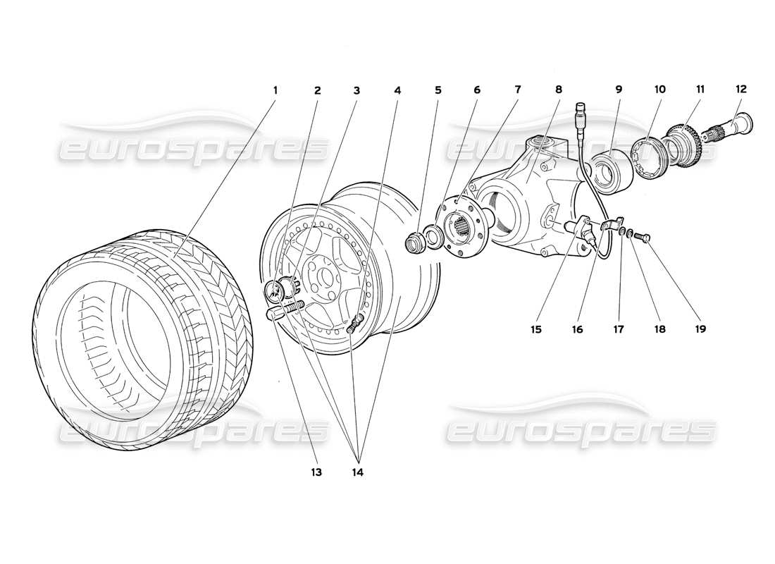 lamborghini diablo sv (1999) schema delle parti della ruota anteriore e del supporto del mozzo