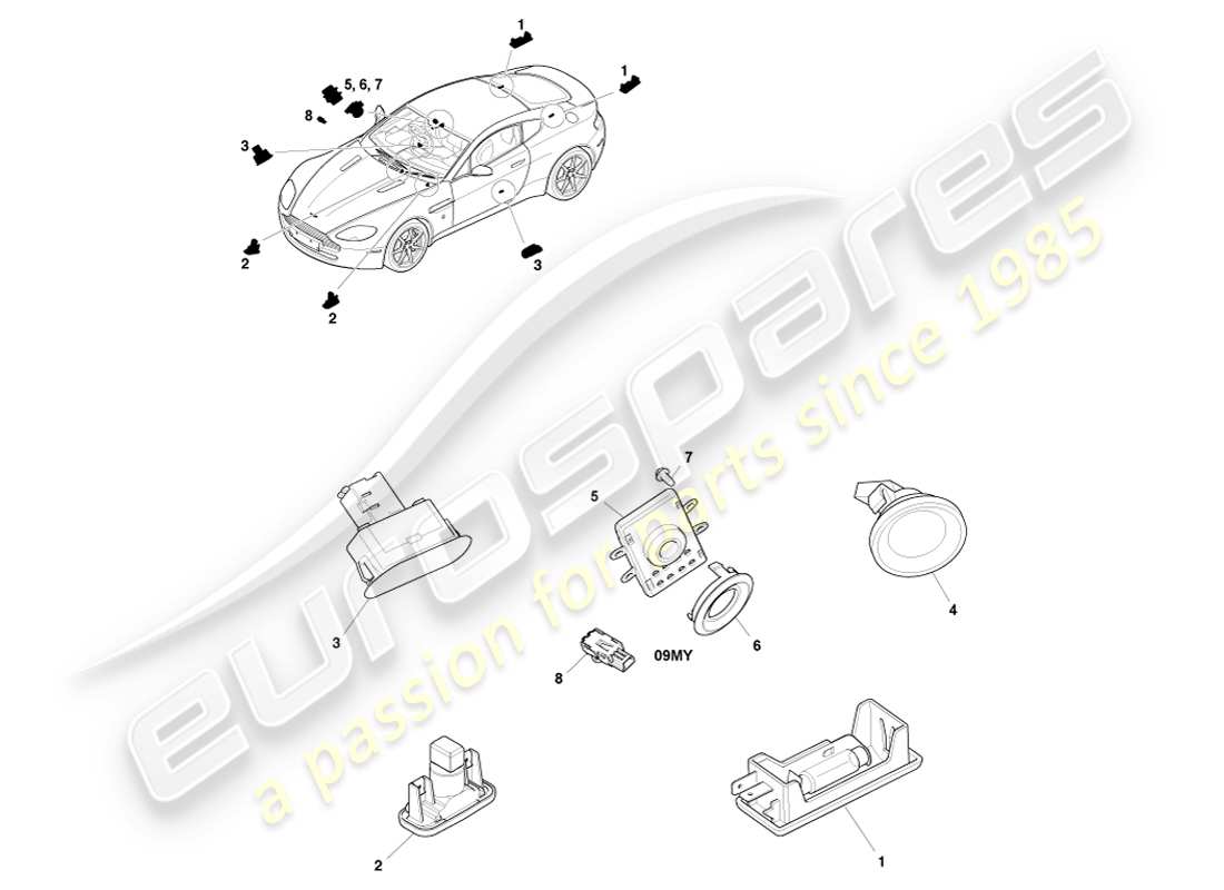 aston martin v8 vantage (2005) diagramma delle parti dell'illuminazione di cortesia