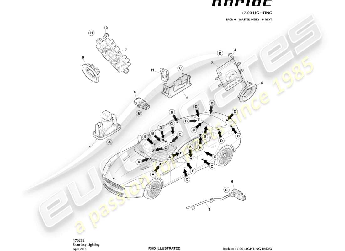 aston martin rapide (2014) illuminazione di cortesia diagramma delle parti