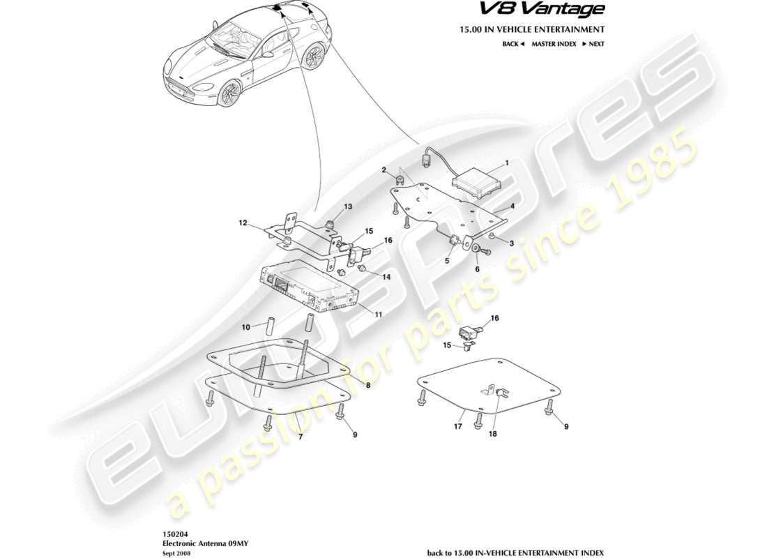aston martin v8 vantage (2012) antenna elettronica, diagramma delle parti 09my