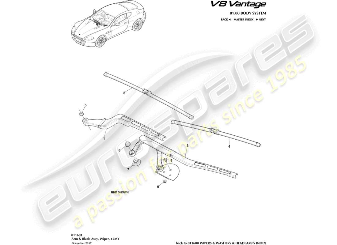 aston martin v8 vantage (2006) gruppo spazzola tergicristallo, diagramma delle parti 12my