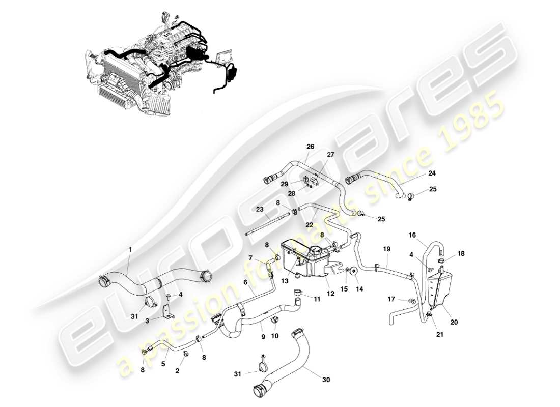 aston martin v8 vantage (2005) diagramma delle parti dei tubi del liquido di raffreddamento e del serbatoio