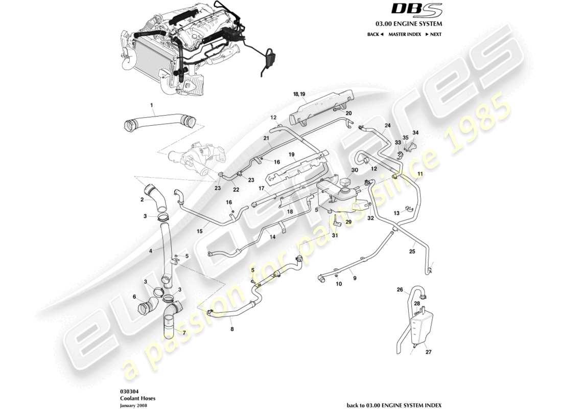 aston martin dbs (2007) kühlmittelschläuche und -behälter teilediagramm