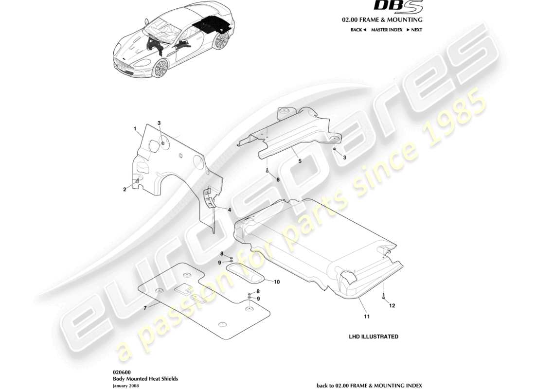 aston martin dbs (2013) diagramma delle parti degli scudi antispruzzo e termico