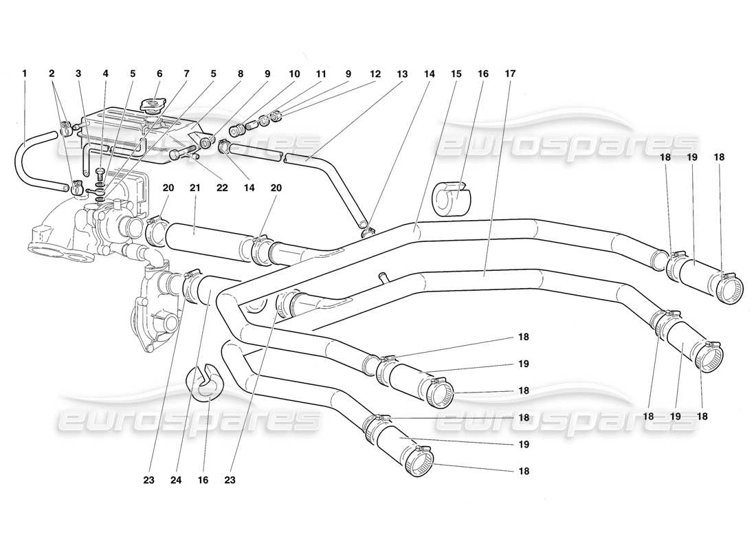 lamborghini diablo sv (1998) diagramma delle parti del sistema di raffreddamento ad acqua