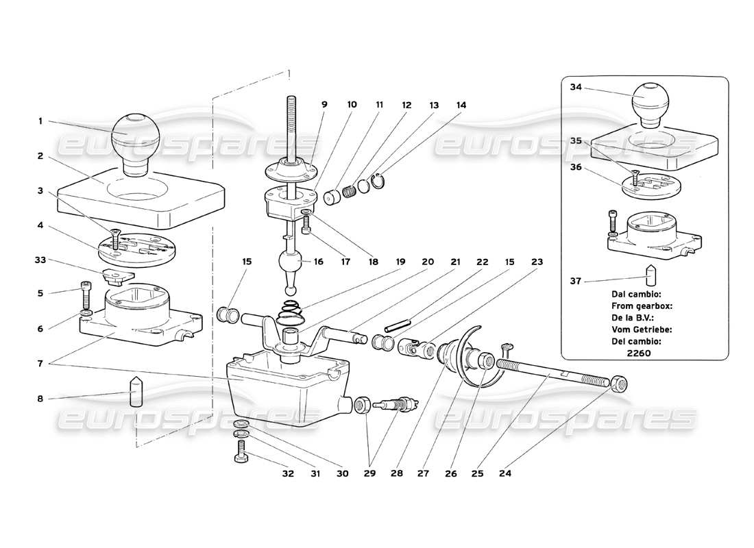 lamborghini diablo sv (1999) diagramma delle parti delle aste del cambio del cambio