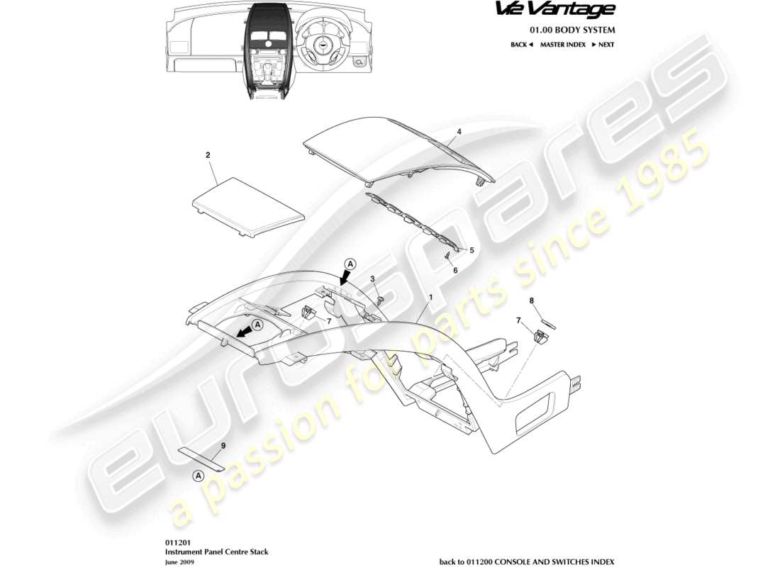 aston martin v12 vantage (2010) stack centrale, meno diagramma delle parti del navigatore satellitare