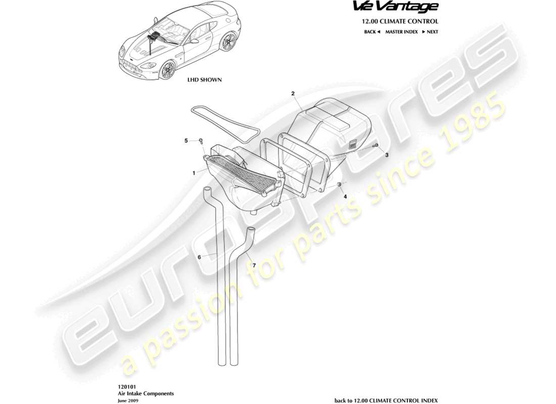 aston martin v12 vantage (2010) diagramma delle parti dei condotti di aspirazione dell'aria