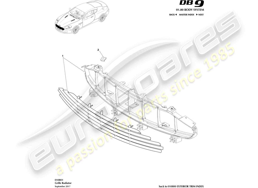 aston martin db9 (2005) diagramma delle parti della griglia del radiatore