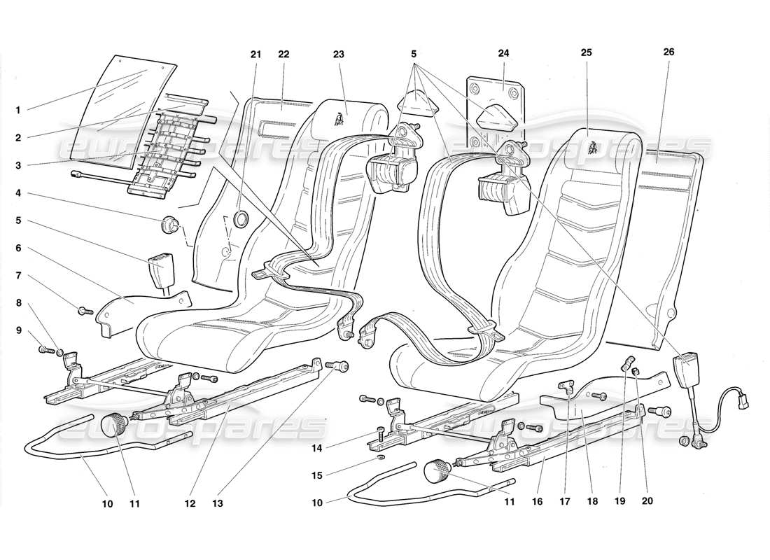 lamborghini diablo roadster (1998) diagramma delle parti dei sedili e delle cinture di sicurezza