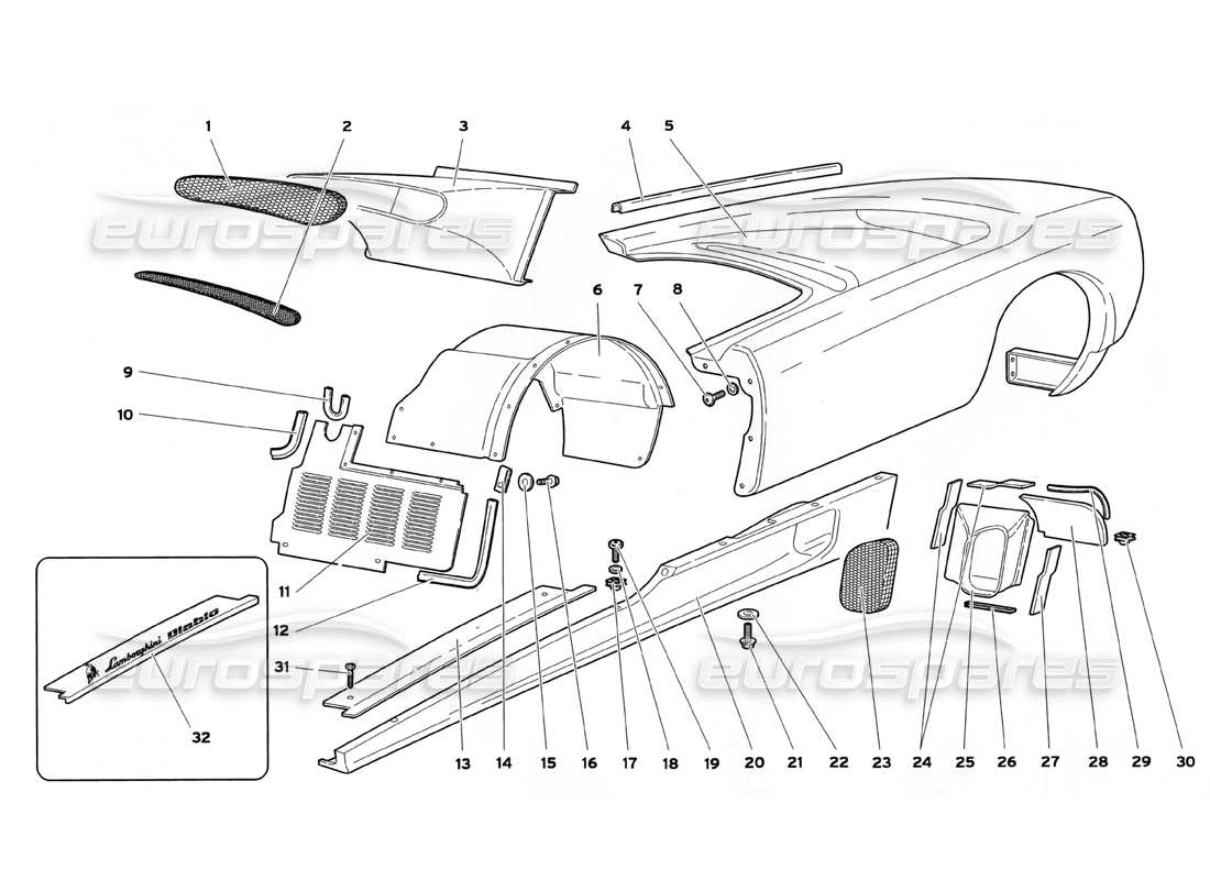 lamborghini diablo sv (1999) elementi del corpo: diagramma della parte del fianco sinistro