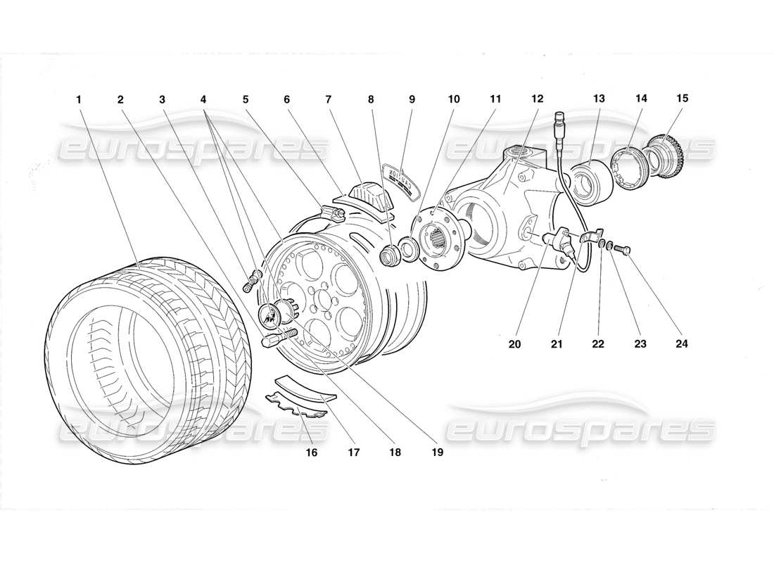 lamborghini diablo roadster (1998) ruota anteriore e portamozzo diagramma delle parti
