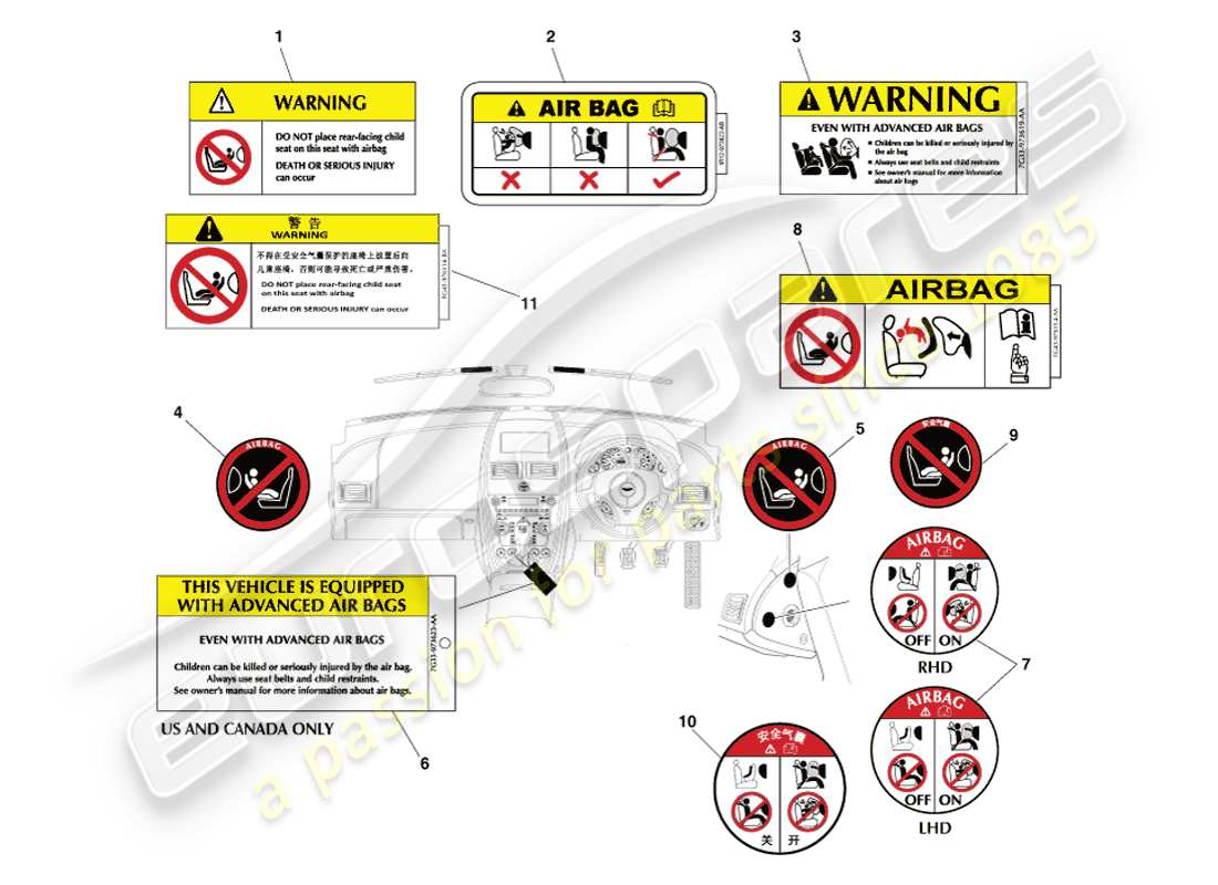 aston martin v8 vantage (2005) diagramma delle parti delle etichette interne