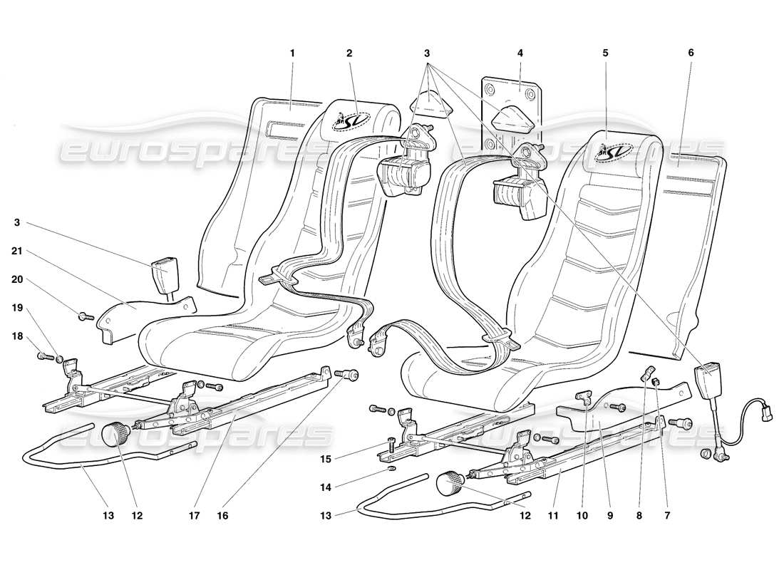 lamborghini diablo sv (1998) diagramma delle parti dei sedili e delle cinture di sicurezza