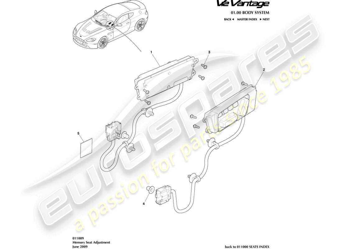 aston martin v12 vantage (2011) diagramma delle parti di regolazione del sedile anteriore
