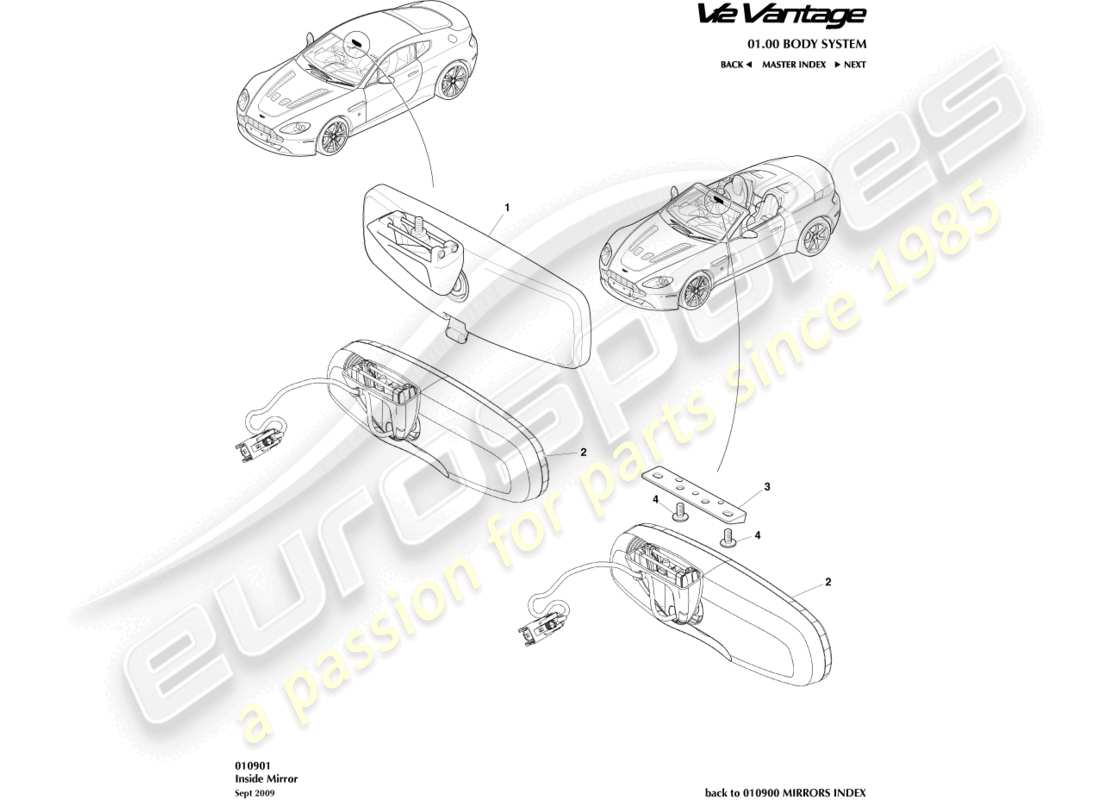 aston martin v12 vantage (2011) diagramma delle parti dello specchietto interno