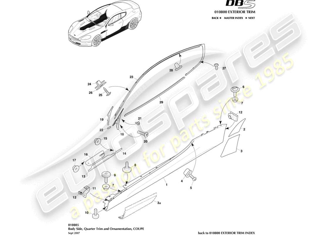 aston martin dbs (2012) carrozzeria e finiture laterali, coupé diagramma delle parti