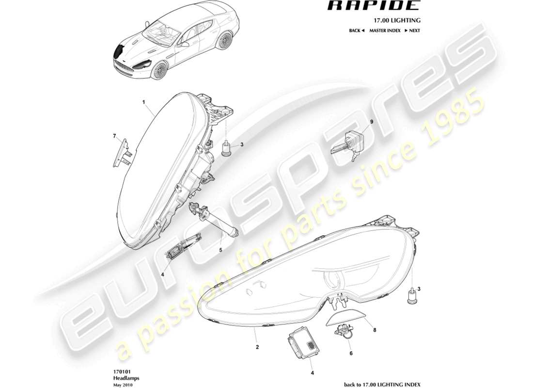 aston martin rapide (2012) diagramma delle parti dei fari