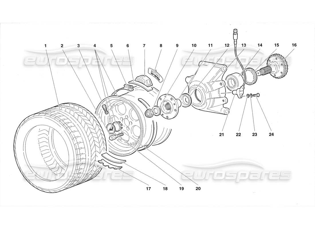 lamborghini diablo roadster (1998) schema delle parti della ruota posteriore e del supporto del mozzo