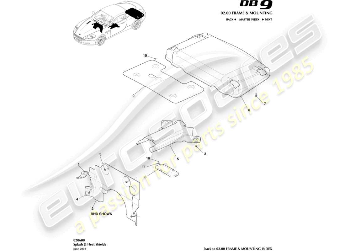 aston martin db9 (2005) diagramma delle parti degli scudi antispruzzo e termico