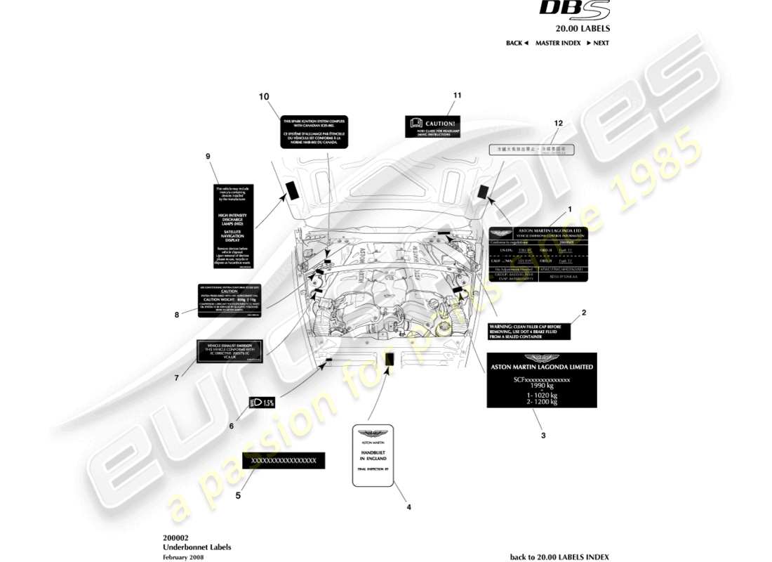 aston martin dbs (2007) etiketten unter der motorhaube teilediagramm