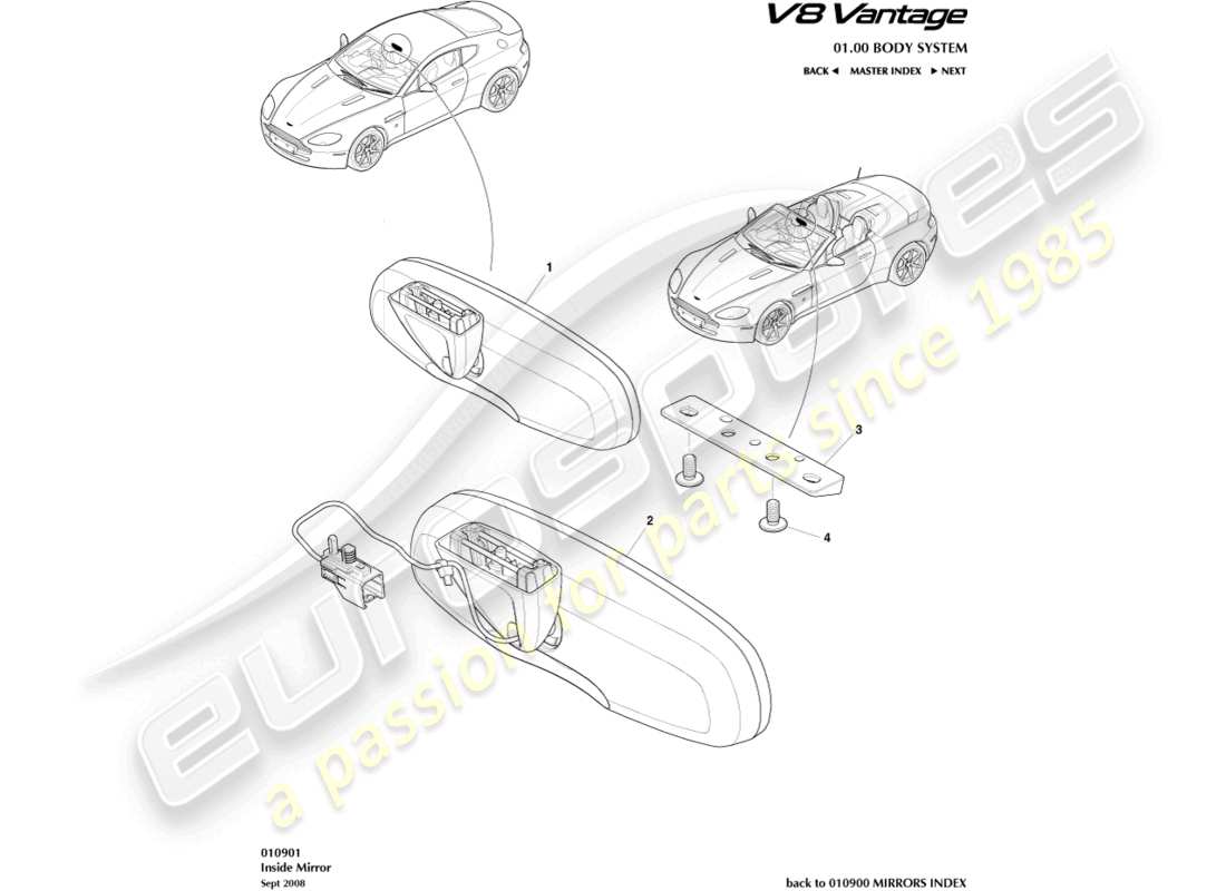 aston martin v8 vantage (2012) diagramma delle parti dello specchietto interno