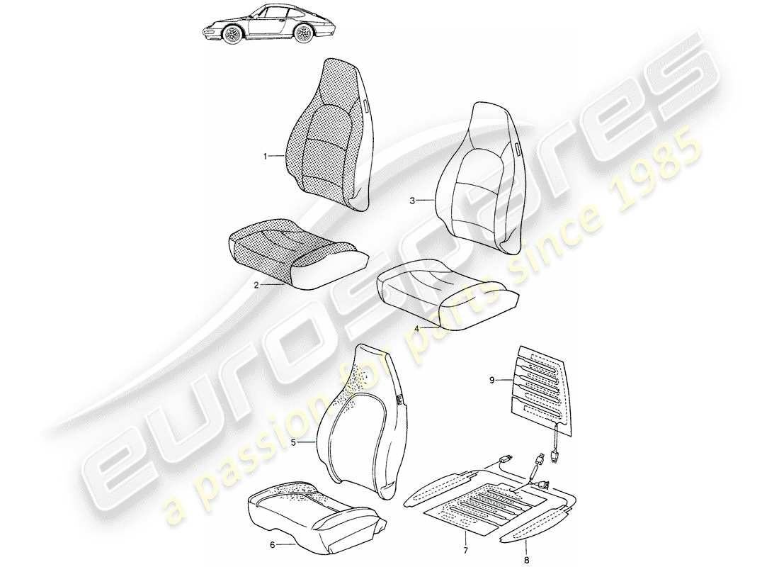 un diagramma delle parti dal catalogo delle parti porsche 1988 (seats for 944/968/911/928)