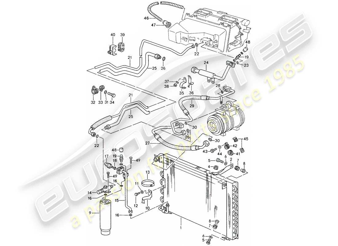 porsche 1993 (928) condizionatore automatico - linee - e - unità ausiliari schema parte