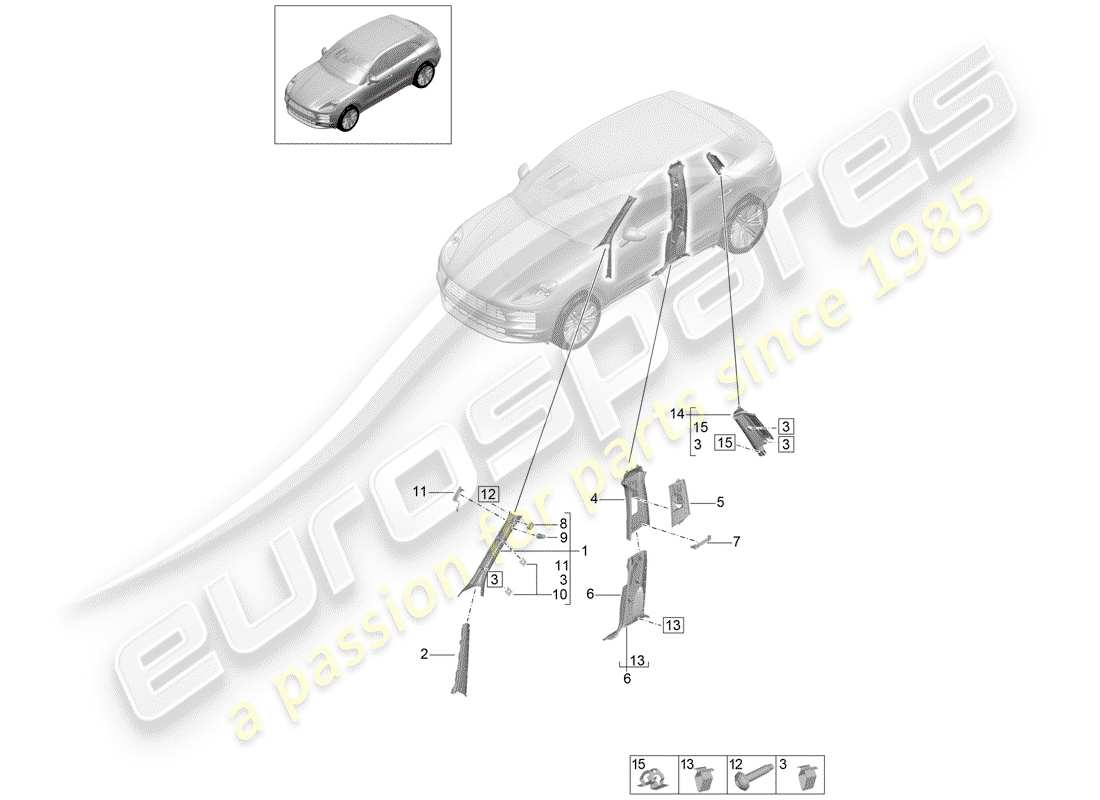 porsche 2019 (macan) rivestimento, pilastro a diagramma delle parti