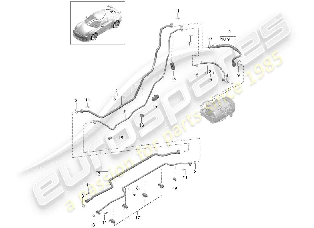 porsche 2017 (991-2 r/gt3/rs) circuito frigorifero diagramma delle parti