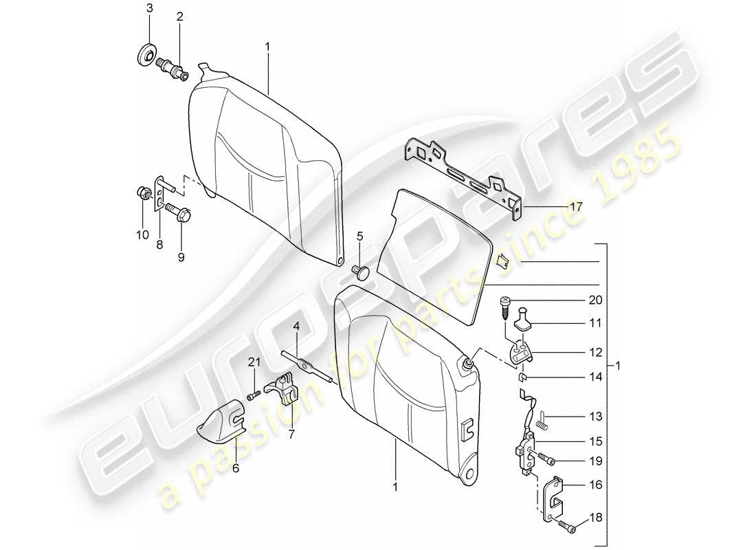 porsche 2005 (997-1) schienale del sedile di emergenza diagramma delle parti
