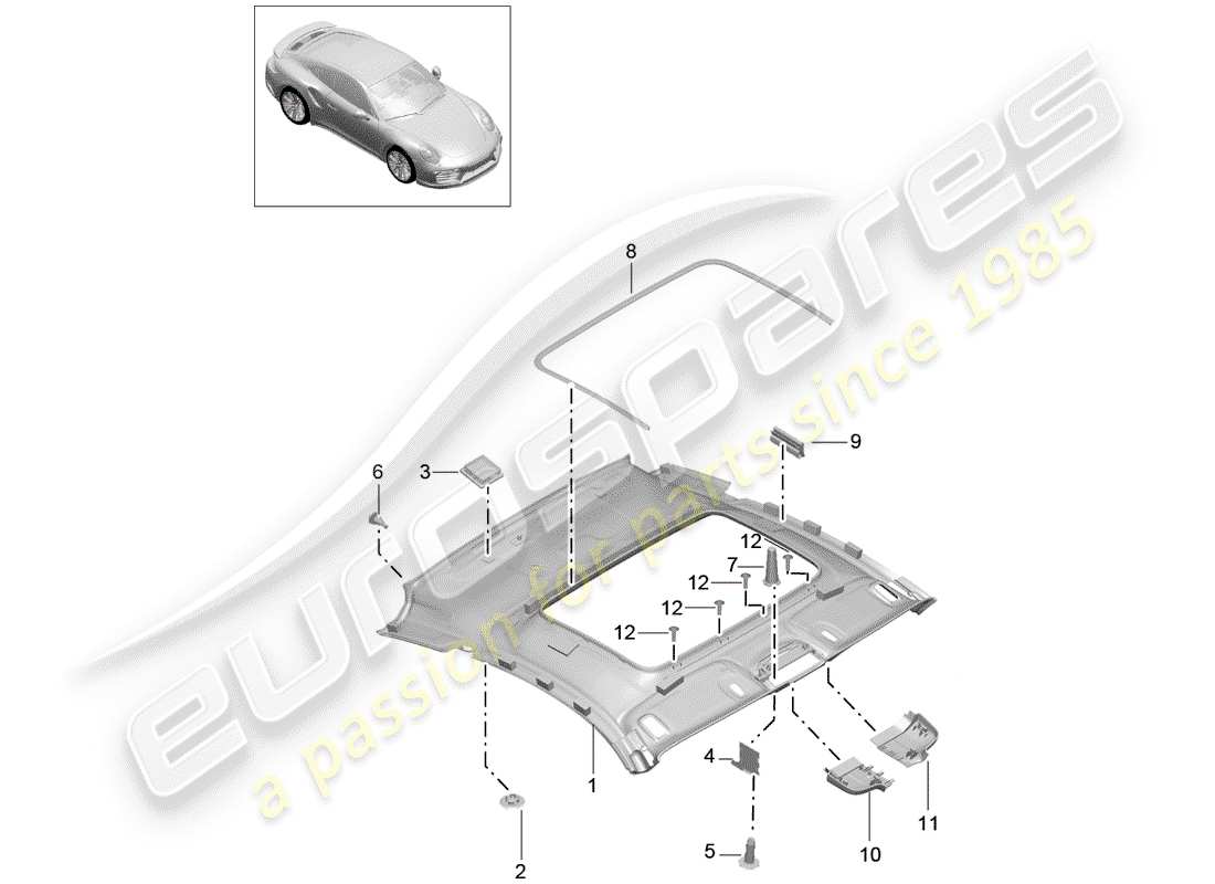 porsche 2015 (991-1 turbo) pannello di rivestimento del tetto diagramma delle parti