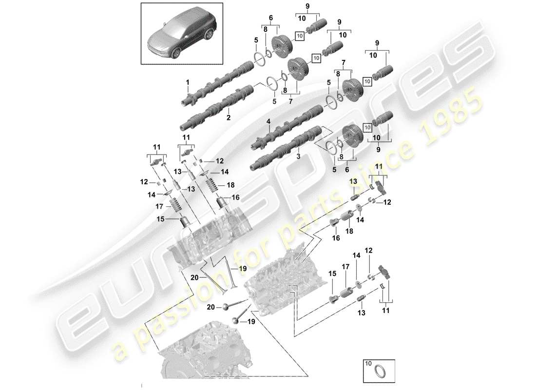 porsche 2018 (cayenne e3 9ya/9yb) albero a camme, valvole diagramma delle parti