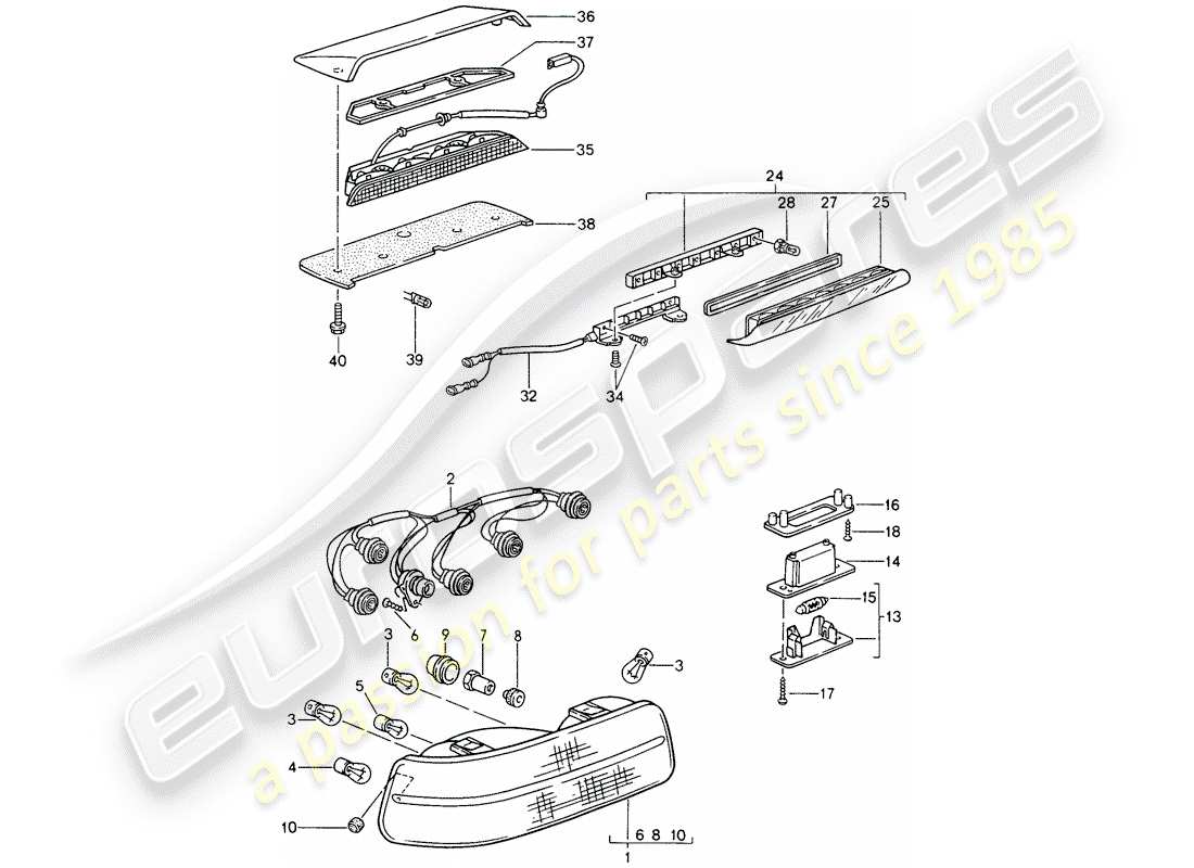 porsche 1994 (968) luce posteriore - luce targa - luce stop supplementare schema parte