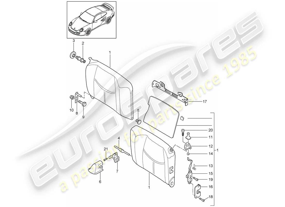 porsche 2009 997-2 turbo / gt2 schienale del sedile di emergenza diagramma delle parti