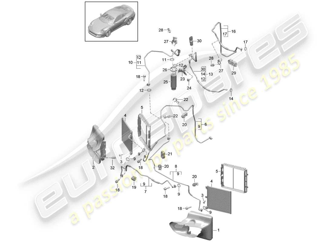 porsche 2015 (991-1 turbo) schema delle parti del circuito frigorifero