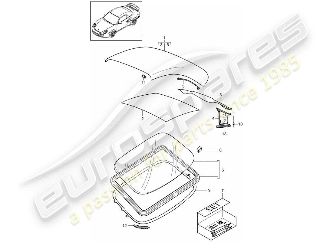 porsche 2013 (997-2 turbo / gt2 rs) copertura della capote diagramma delle parti