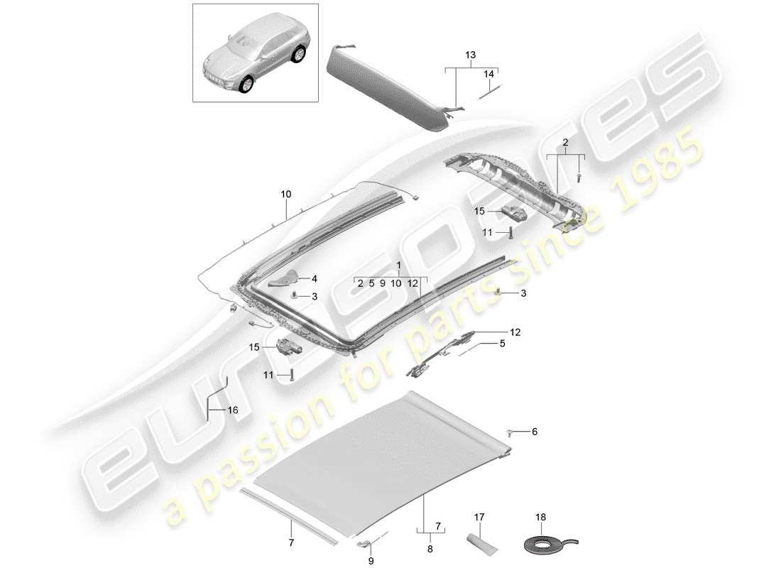 porsche 2016 (macan) schema delle parti del tetto in vetro